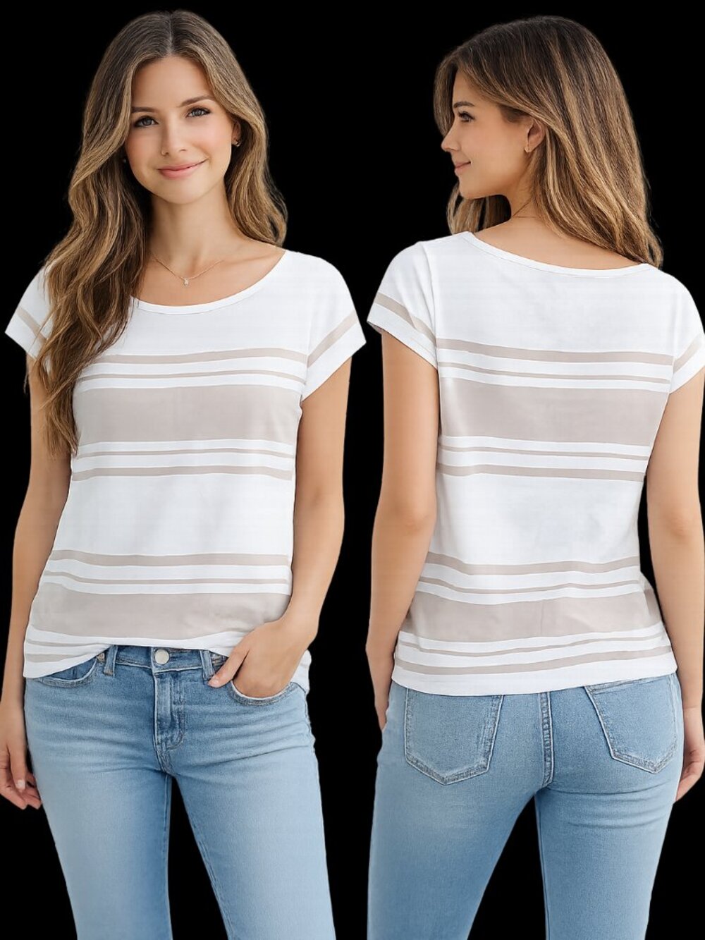 Liz Claiborne Off White Top With Beige Stripes Size Medium - Picture 1 of 3